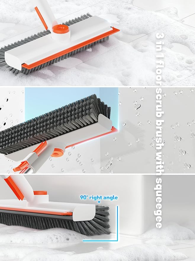 Floor Scrub Brush with Long Handle, 3 in 1 Scrape and Heavy-Duty Stiff Bristle - Image 3