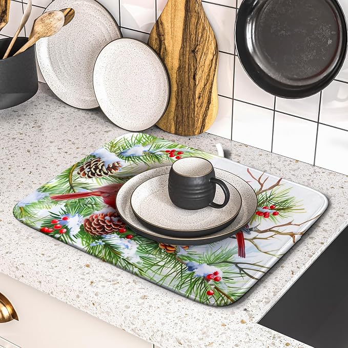 Giwawa Red Birds Dish Drying Mat, Xmas Tree Branch Holly Red Berries Dish - Image 5