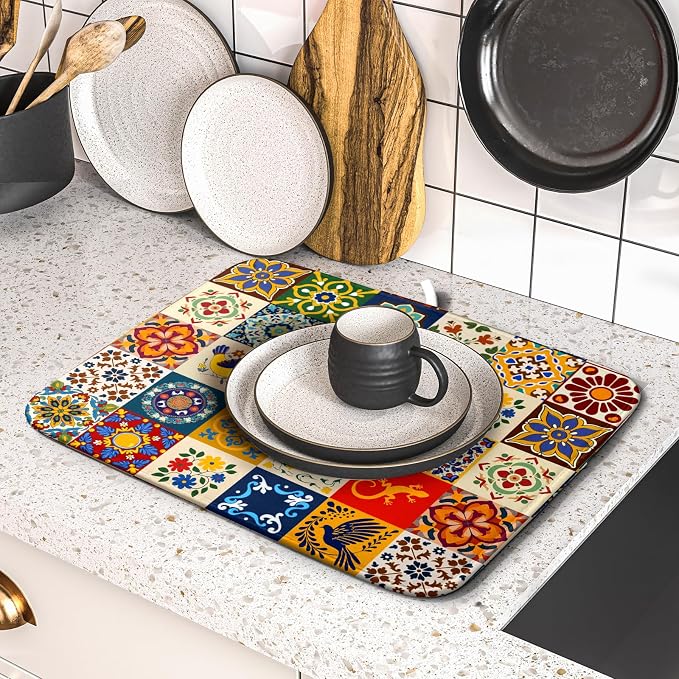 Giwawa Mexican Tile Dish Drying Mat 16"x18" Talavera Boho Floral Print Dish - Image 4