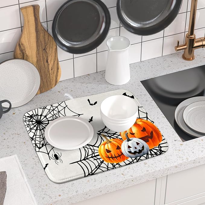Giwawa Happy Halloween Dish Drying Mat 16"x18" Spooky Colorful Pumpkins - Image 6