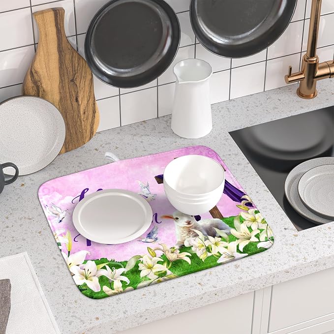 Giwawa Easter Purple Dish Drying Mat, He is Risen Cross Lamb Floral Dish - Image 6
