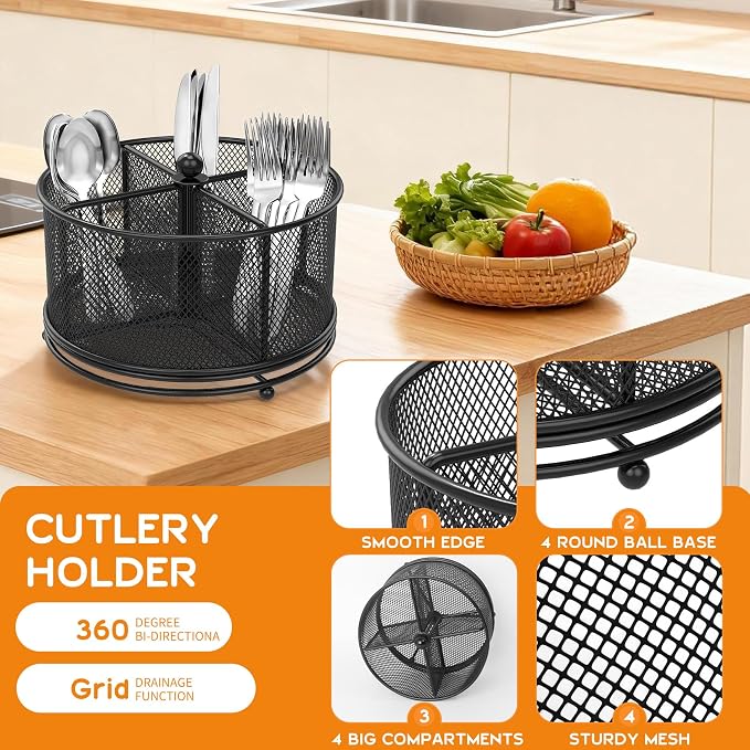 360° Rotating Metal Utensil Caddy, 4 Compartment Silverware Cutlery Holder - Image 5