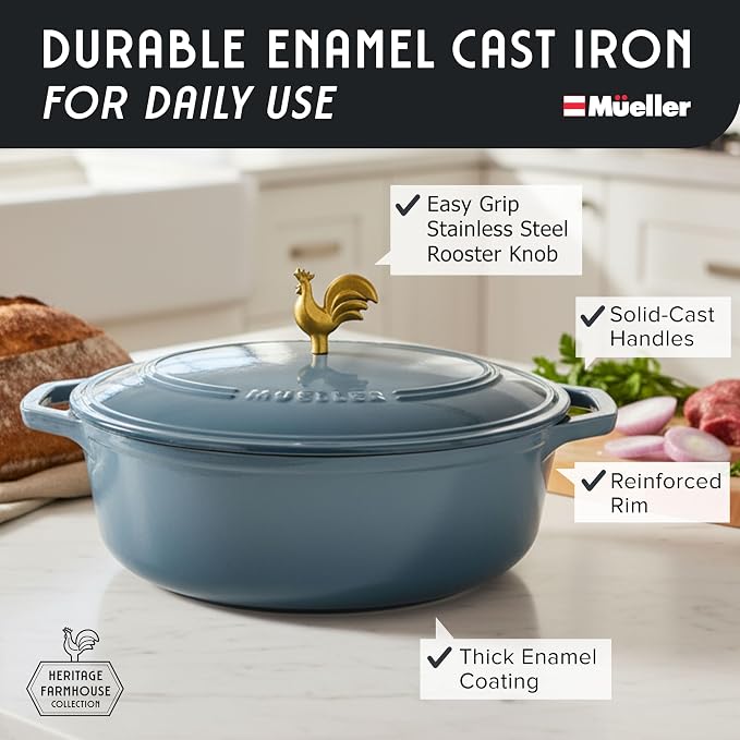 MUELLER HOME 5.5 Quart Enameled Cast Iron Oval Dutch Oven w Rooster Knob & - Image 2