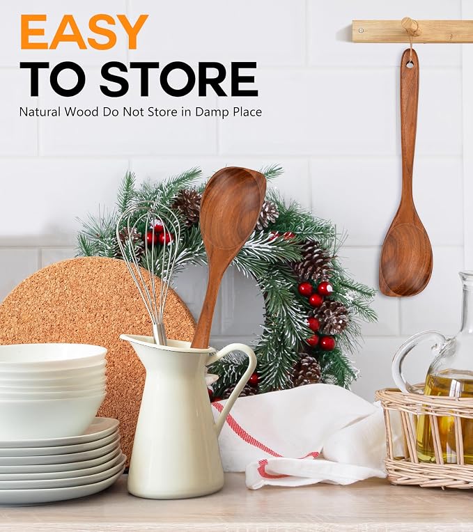 Wooden Spoons for Cooking, Natural Premium Teak Wood Corner Spoon, Good Grip - Image 6