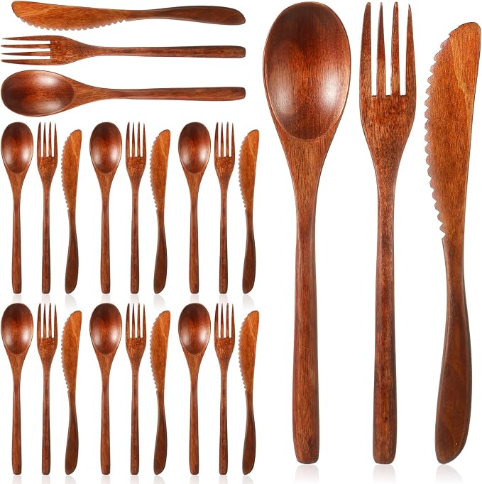 24 Pcs Wooden Utensil Set for Eating Wooden Spoon Fork Knife Wood Cutlery by Unknown