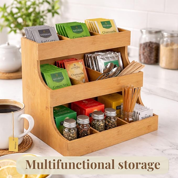 Tea bag organizer with 3-tier storage & 4 matching coasters. Fully assembled. - Image 4