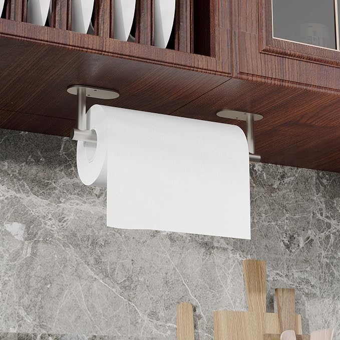 RUACQ Paper Towel Holder Under Cabinet, Wall Mounted or Adhesive Stainless - Image 2