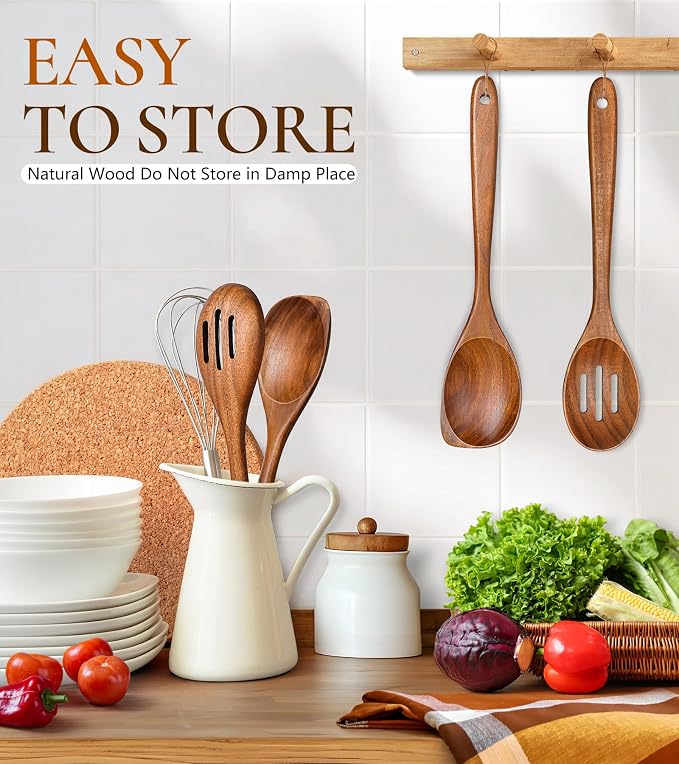 2Pcs Wooden Spoons for Cooking, Natural Premium Teak Wood Corner Spoon & - Image 6