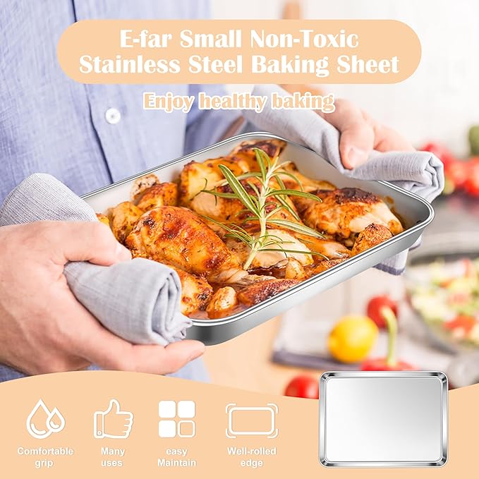 E-far 2 Packs Toaster Oven Trays, 9.4”x7.3” Stainless Steel Small Baking Cookie - Image 4