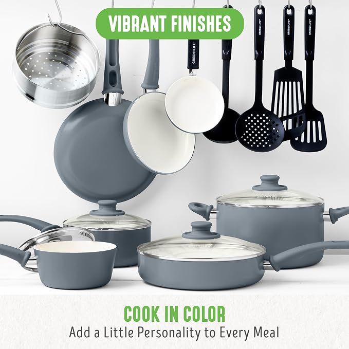 GreenLife Soft Grip Healthy Ceramic Nonstick 18 Piece Kitchen Cookware Pots and - Image 5