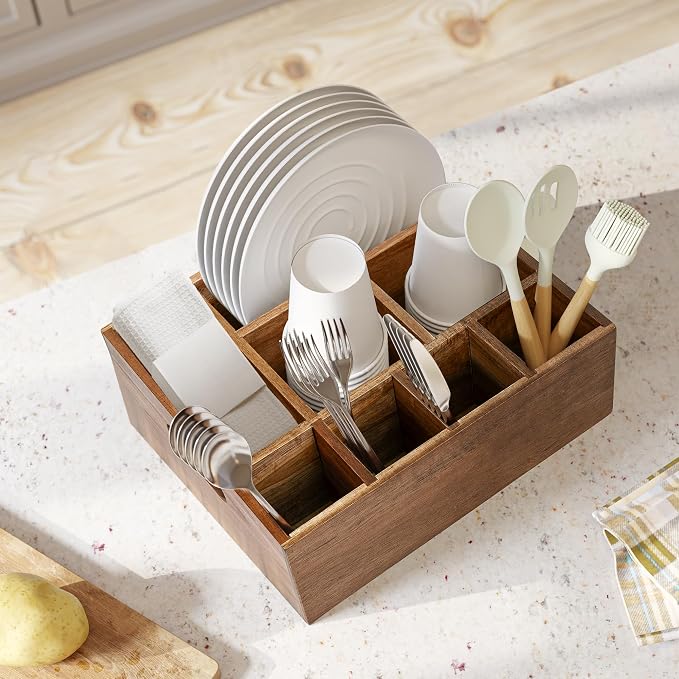 VaeFae Acacia Wood Caddy Organizer, Napkin and Paper Plate Holder, Wooden - Image 2