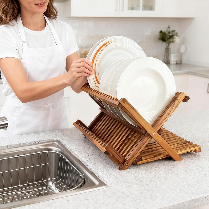 Utoplike Large Teak Dish Drying Rack, Wooden 3 Tier Collapsible Dish Draine - Image 2