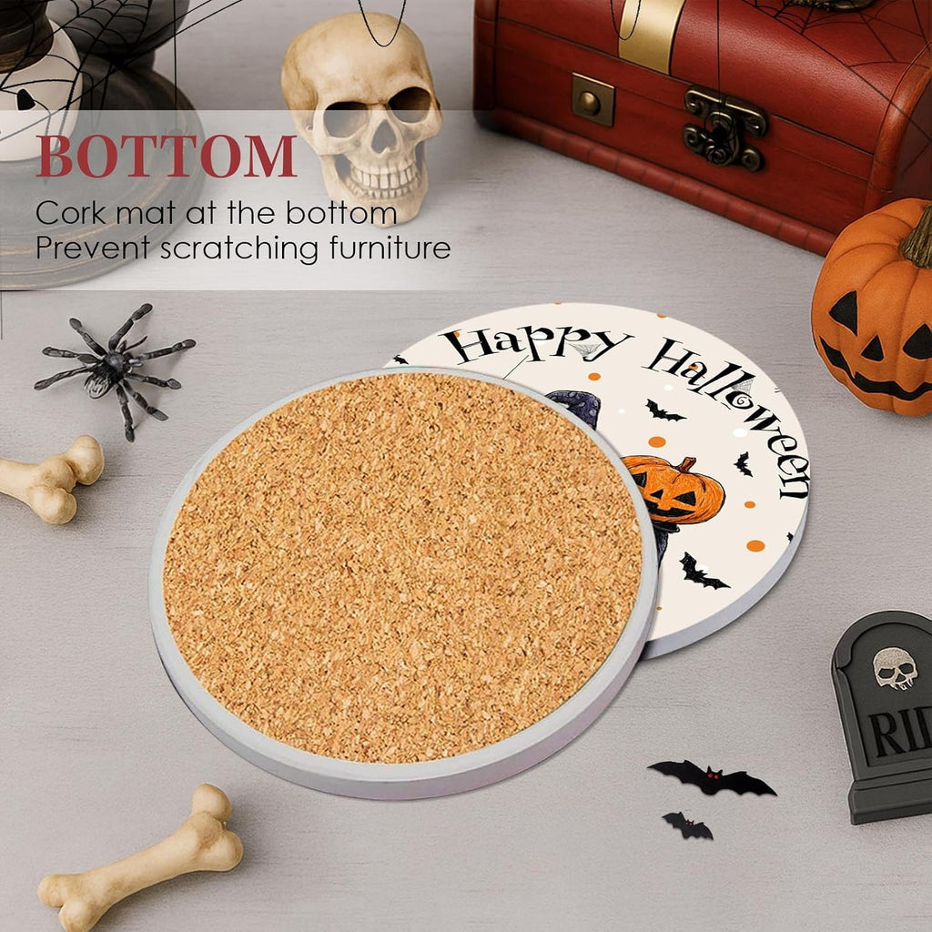 Halloween Coasters for Drinks, Set of 6, Pumpkin Ceramic Stone