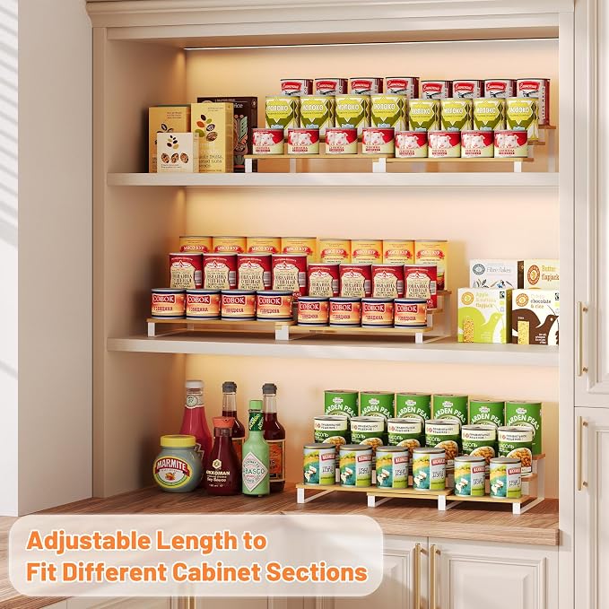 Expandable Can Organizer for Pantry, 3-Tier Adjustable Bamboo & Iron Can Rack - Image 4