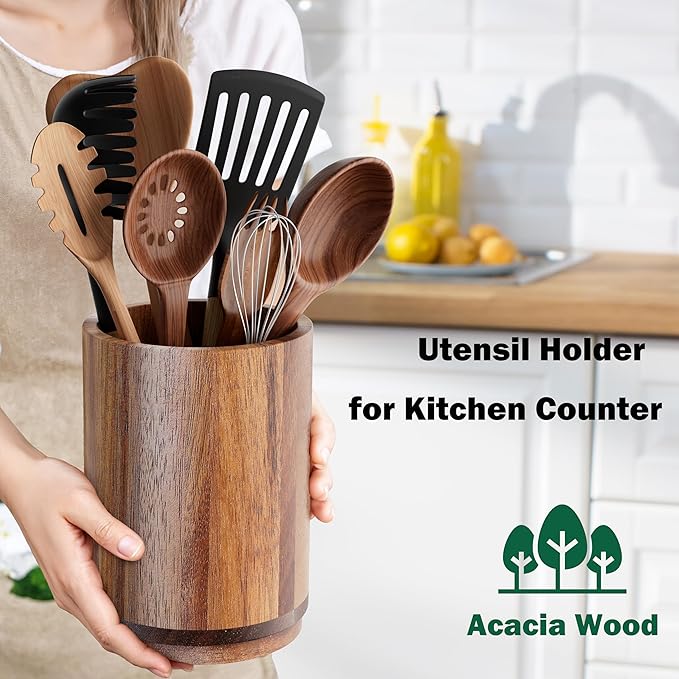 Utensil Holder, Acacia Wood Kitchen Utensil Holder - Image 3