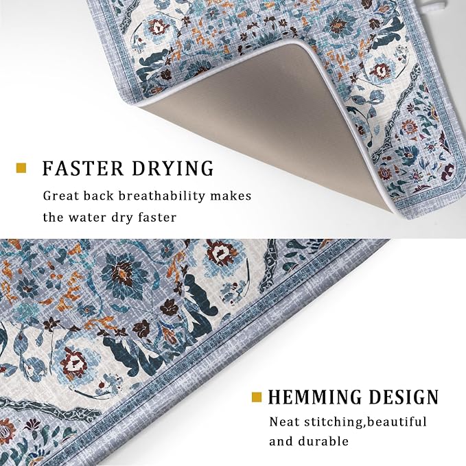 Boho Flower Dish Drying Mat Blue Bohemian Dishes Drainer Rack Mat 18x24 Inch - Image 3