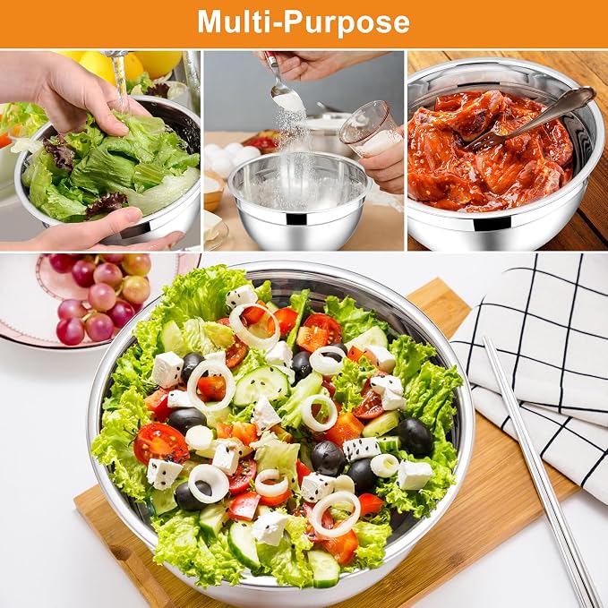 E-far Mixing Bowls with Lids, 6-Piece Stainless Steel Salad Bowls Metal Nesting - Image 4
