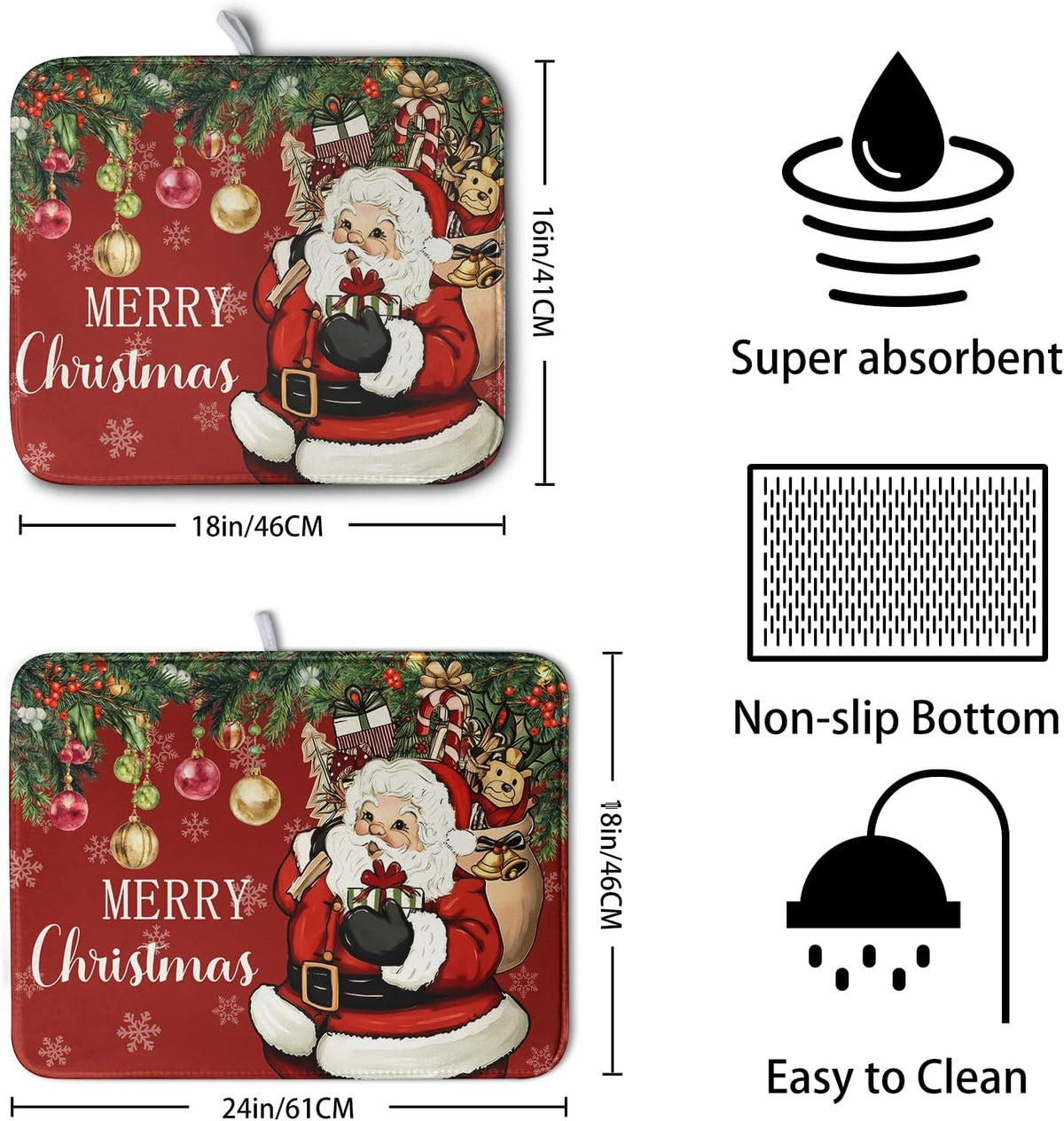 Merry Christmas Dish Drying Mat Santa Claus Kitchen Drainer Mats