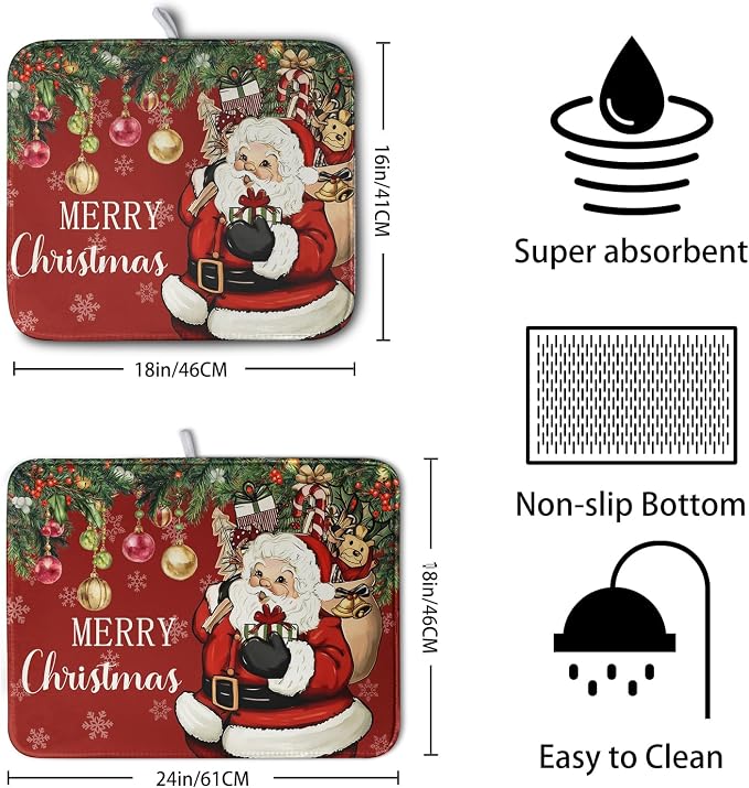 Merry Christmas Dish Drying Mat Santa Claus Kitchen Drainer Mats Microfiber - Image 2