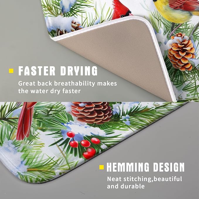 Giwawa Red Birds Dish Drying Mat, Xmas Tree Branch Holly Red Berries Dish - Image 3