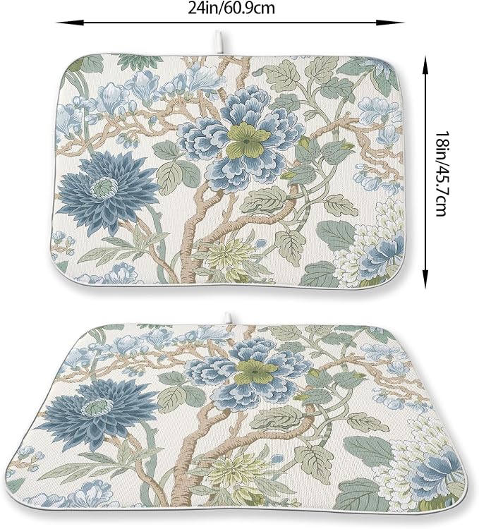 Chinoiserie Dish Drying Mat 18x24 Inch Vintage Sage Green Blue Floral Drying - Image 6