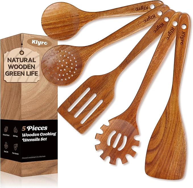 Teak Kitchen Utensils Set, 5 Piece Premium Wooden Cooking Utensils Set by KLYRO