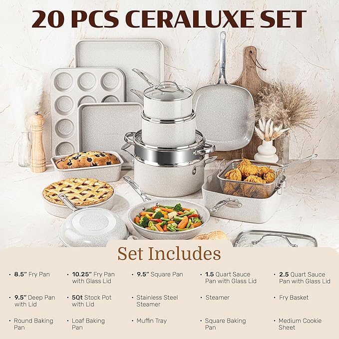 Granitestone Ceraluxe 20 Pc Ceramic Cookware Set Nonstick, Complete Pots and - Image 2