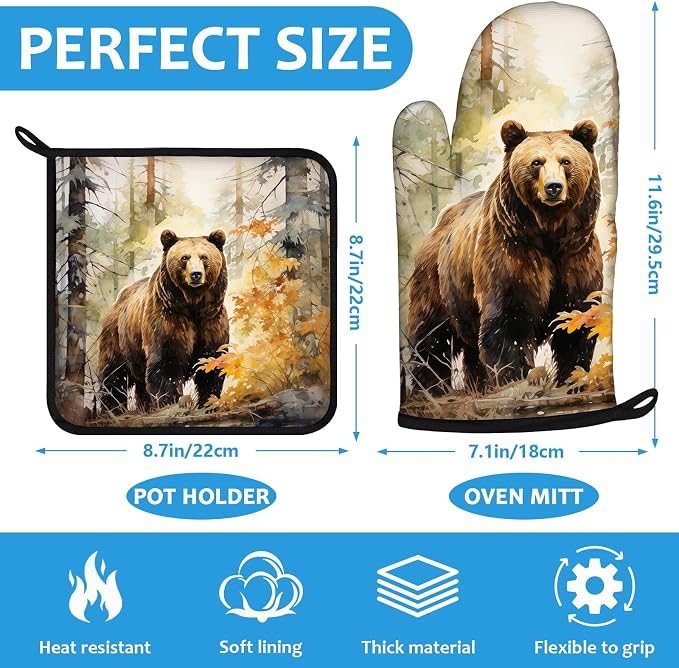 Watercolor Brown Bear Oven Mitts and Pot Holders Sets Heat Resistant 4Pcs - Image 2