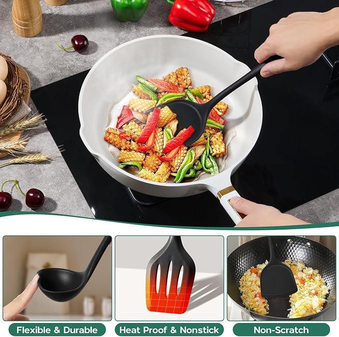 Onader Silicone Cooking Utensils Set, 10 Pieces Black Kitchen Utensils - Image 3