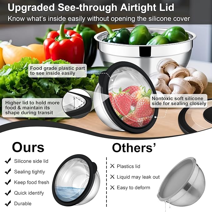 E-far Mixing Bowls Set of 5, Stainless Steel Salad Mixing Bowl - Image 2