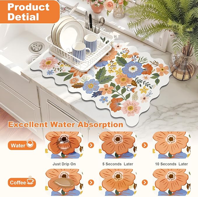LOKHOM Scalloped Floral Dish Drying Mat, Cuttable Hide Stain Non-slip Drying Mat - Image 3