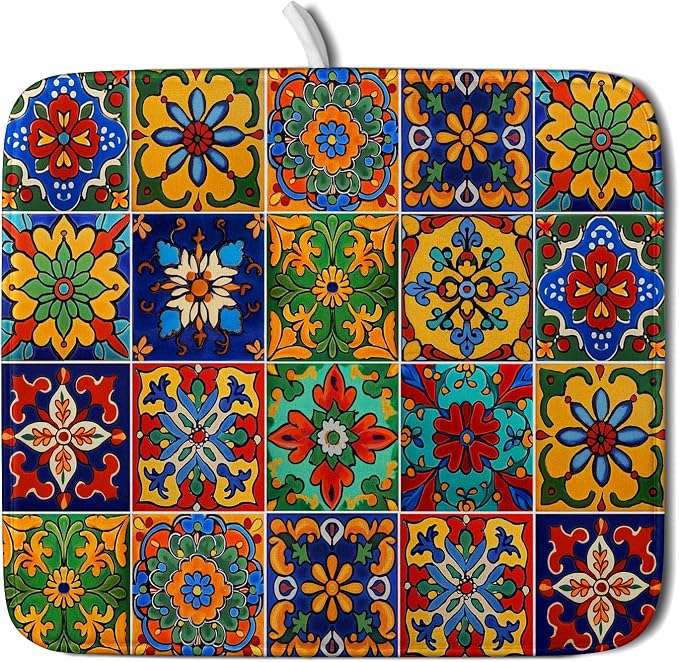 Mexican Tiles Dish Drying Mat for Kitchen Counter Absorbent Microfiber Dish by Giwawa