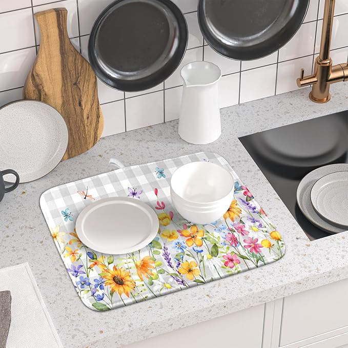 Giwawa Spring Floral Dish Drying Mat, Summer Flower Grey Buffalo Plaids Dish - Image 6