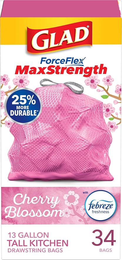 Glad Tall Kitchen Trash Bags 13 Gallon, MaxStrength Cherry Blossom Garbage Bags by GladTrashFoodStorage