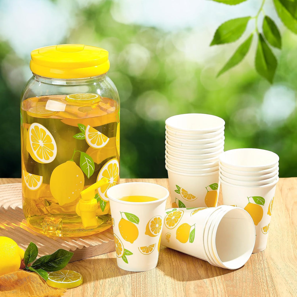 Umigy 1 Gallon Lemon Plastic Drink Dispenser with 20 Pcs 12 oz Lemon