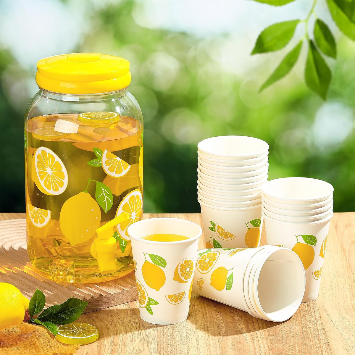 Umigy 1 Gallon Lemon Plastic Drink Dispenser with 20 Pcs 12 oz Lemon