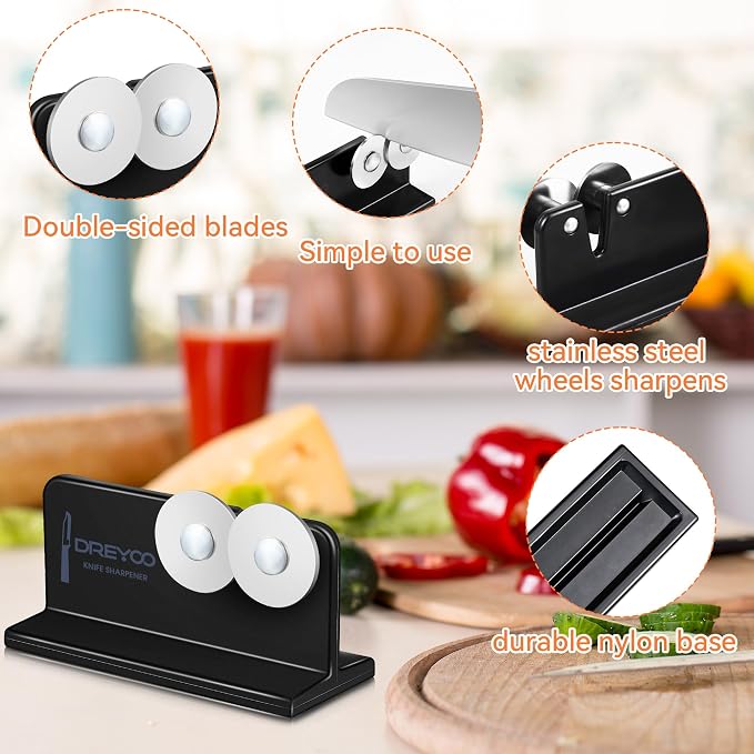 Dreyoo Cutlery Pointed Edge Knife Sharpener, Double Sided Stainless Steel - Image 5