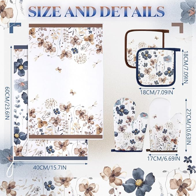 Teenyyou 6 Pcs Spring Brown Poppy Floral Kitchen Towels Oven Mitts and Pot - Image 5