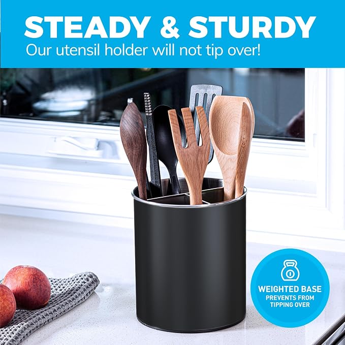 Cooler Kitchen Black Rotating Extra Large Stainless Steel Utensil Holder Caddy - Image 4