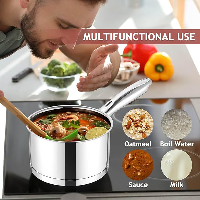 E-far 1 Quart Saucepan with Lid, Stainless Steel Small Sauce Pan Boiling Pot - Image 4