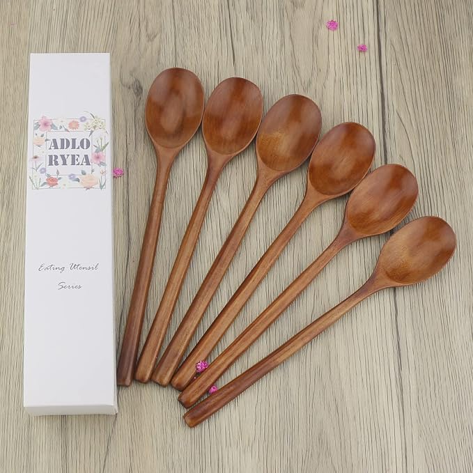 ADLORYEA Wooden Spoons, 6 Pieces 9 Inch Wood Soup Spoons - Image 7