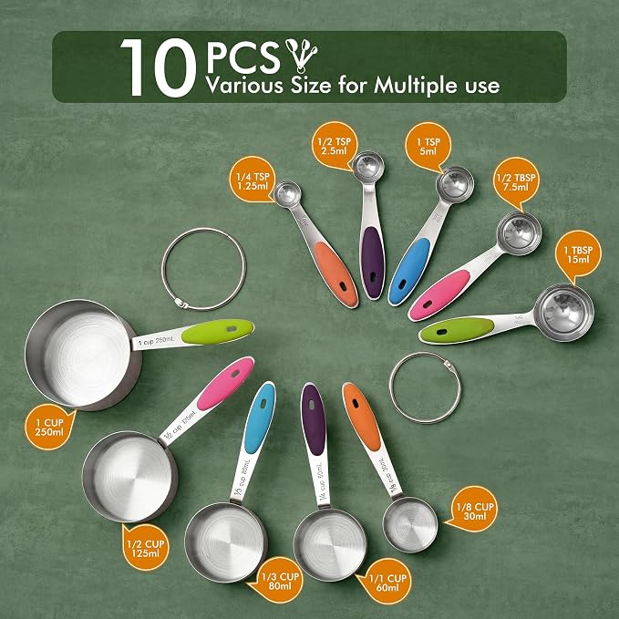 HOTEC 10-Pack Measuring Cups &Spoons Set, Kitchen Gadagets Cooking Baking - Image 2