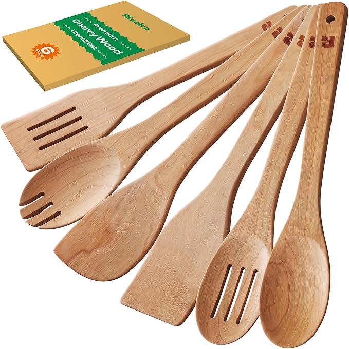 Riveira Cherry Wooden Spoons for Cooking Set of 6 – Natural Cherry Wooden by Riveira