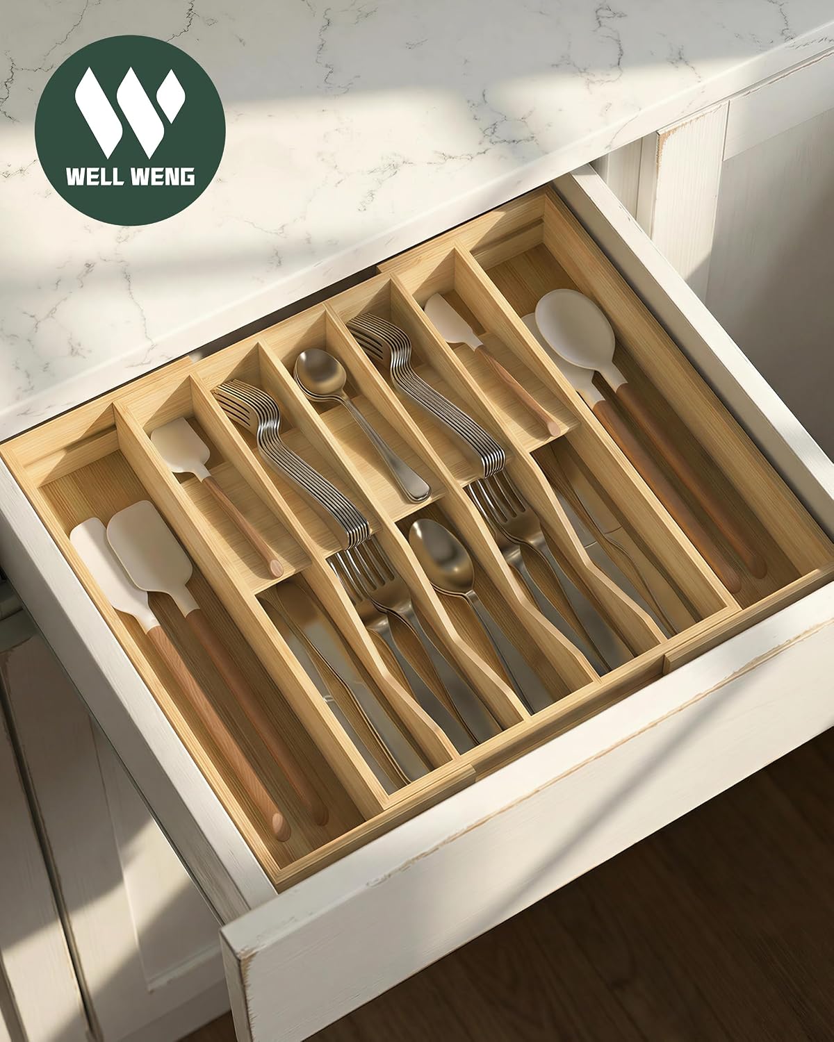 Expandable Utensil Drawer Organizer for Silverware,Bamboo 12 Slot