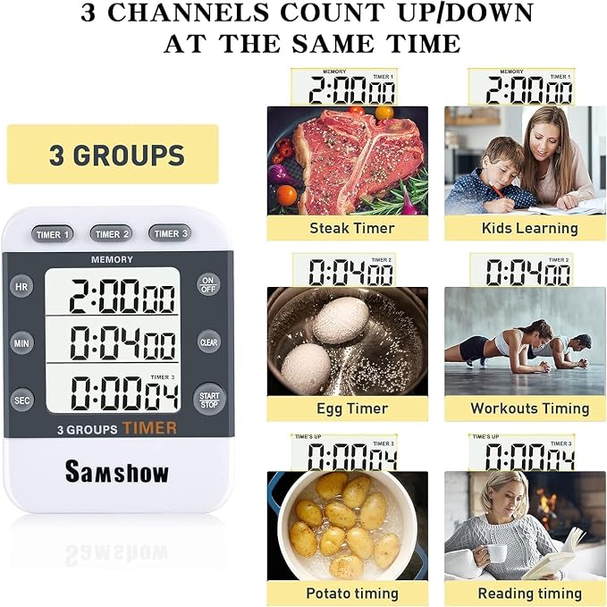 Digital Kitchen Timers for Cooking Triple Timer Count UP/Down Dual Timer Large - Image 2