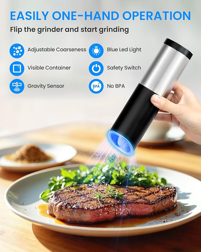 Gravity Electric Pepper and Salt Grinder Set of 2 Pack, One Hand Automatic - Image 2