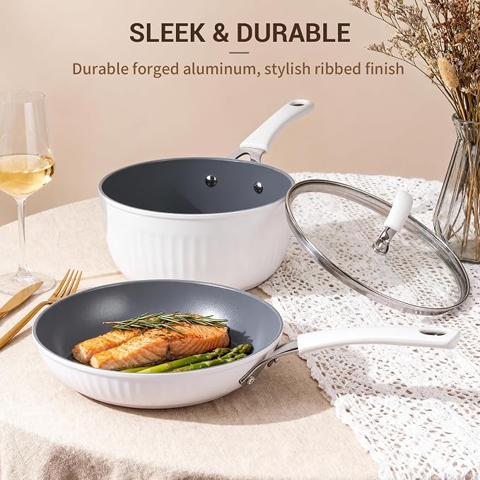 Ammeloo 15-Piece Ribbed Ceramic Cookware Set, Pots and Pans Set Non Stick - Image 8