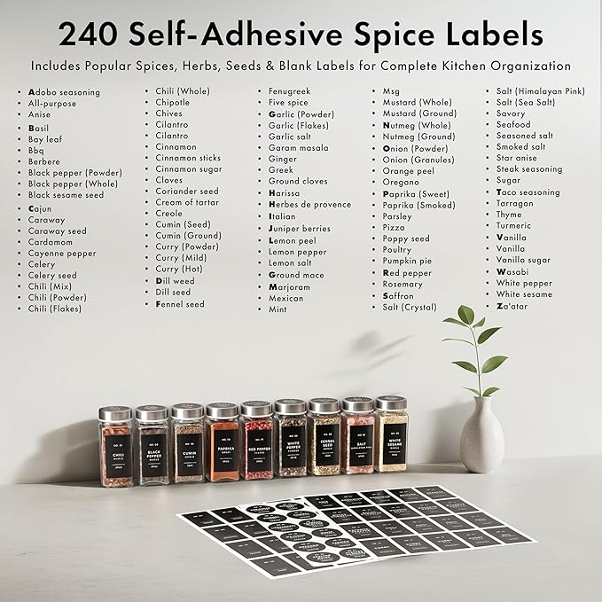 EDELHAUS Glass Spice Jars with Labels and Steel Lids Spice Containers with 240 - Image 6