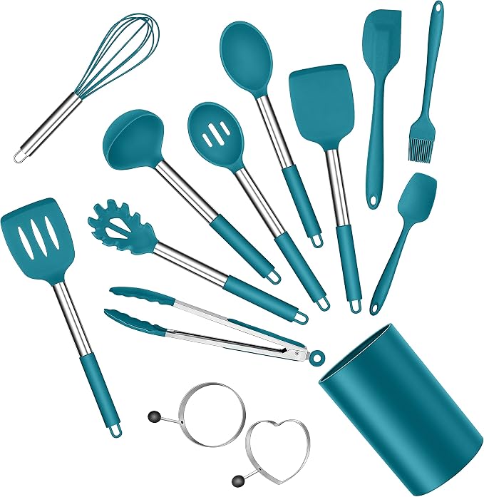 Silicone Cooking Utensils Set, E-far 14-Piece Blue Kitchen Utensils Set by E-far