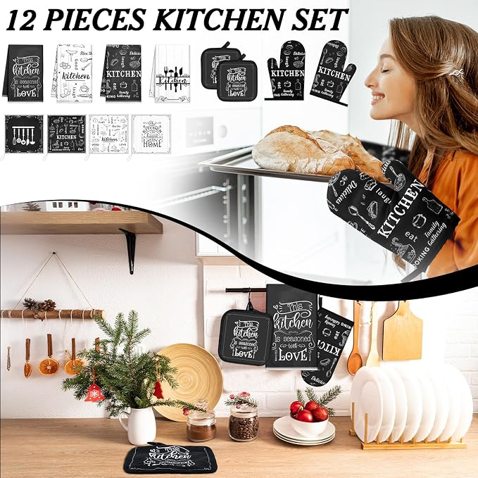 Bencailor 12 Pcs Farmhouse Kitchen Decor and Accessories Sets 4 Black and White - Image 2